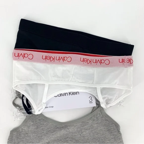 Calvin Klein NWT Girls' Black, Red, White, Grey 3-Pack Classic Crop Bralette, M - Picture 5 of 11